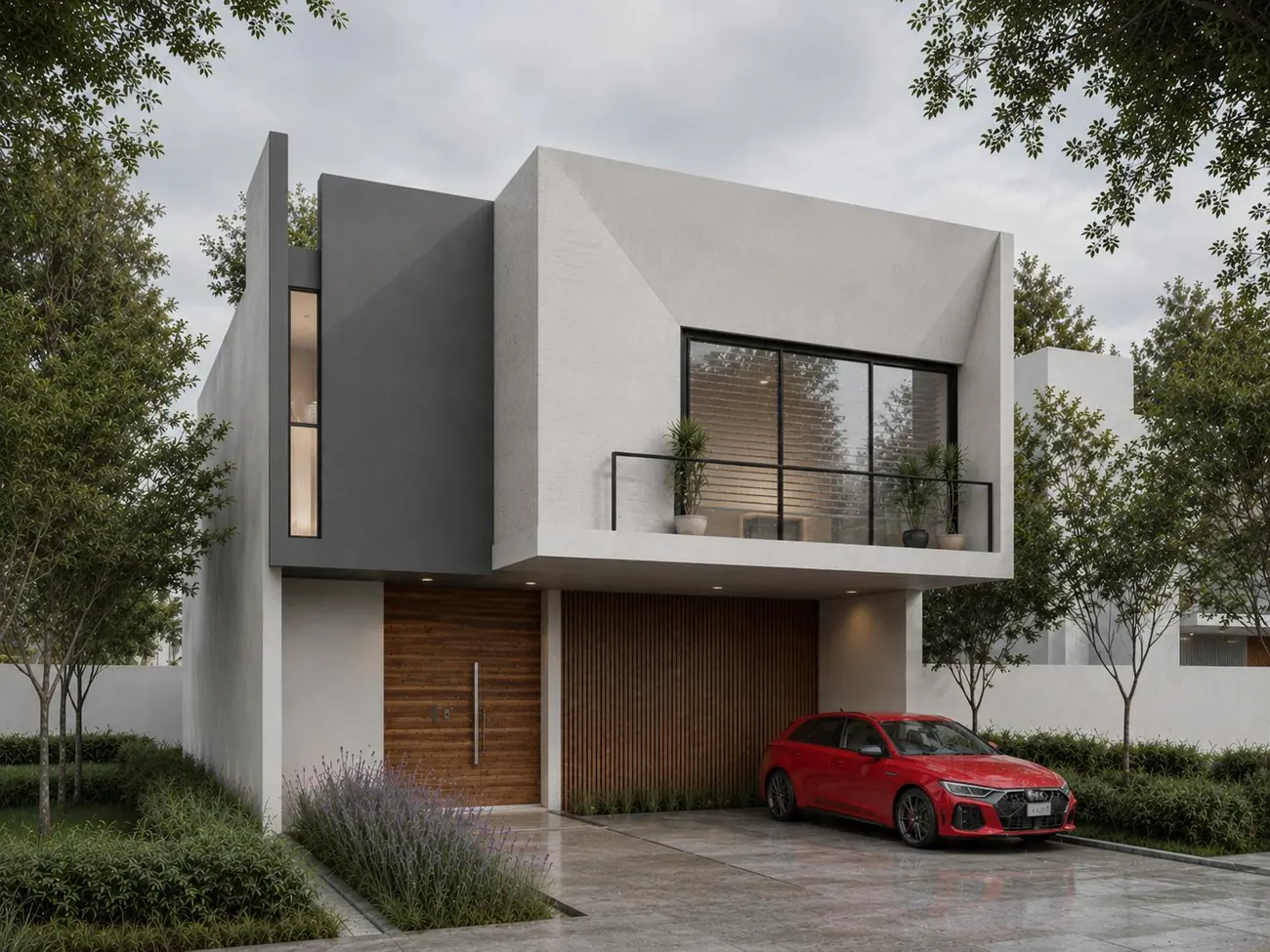 Render de la residencia Soaré, vivienda contemporánea con fachada blanca y madera