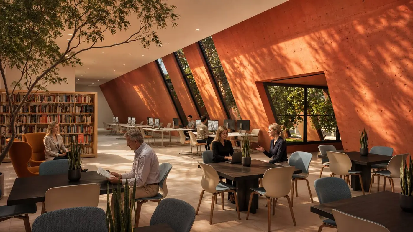 Comedor y sala de lectura del CIAM con muro inclinado de terracota